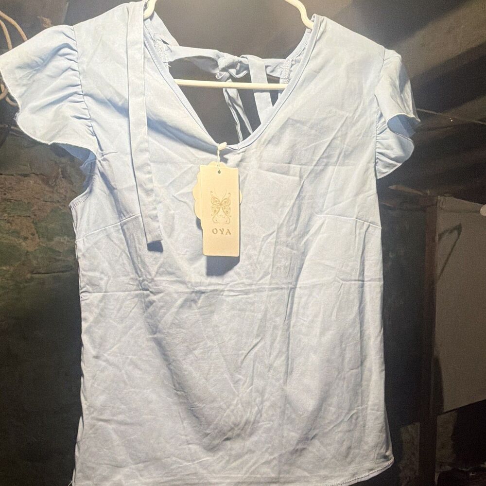 OYA  L Blue Solid V-Neck Short Sleeve Tie Back Blouse New w/Tags